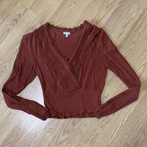 Elegant Rust Lace Trim Blouse